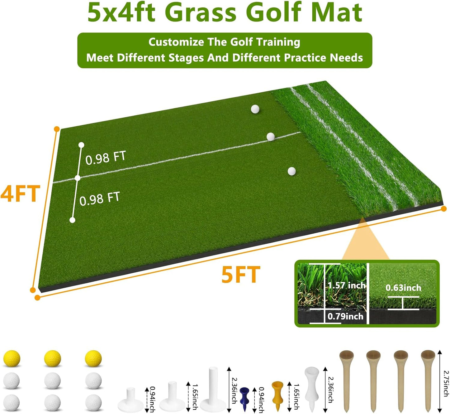 PENSUN Golf Mat with Dual Turf, 5x4ft Heavy-Duty Golf Hitting Mats Practice Outdoor/Indoor, Elite Dense Artificial Thickened Green Turf Matt Training Aid for Backyard/Garage/Driving Range/Simulators