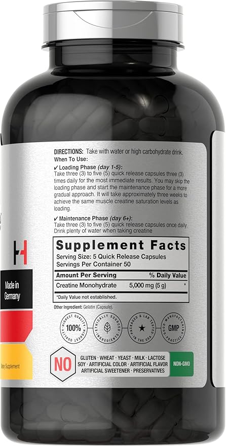 Horbäach German Creatine Monohydrate 5000mg | 250 Capsules | Non-GMO, Gluten Free Supplement