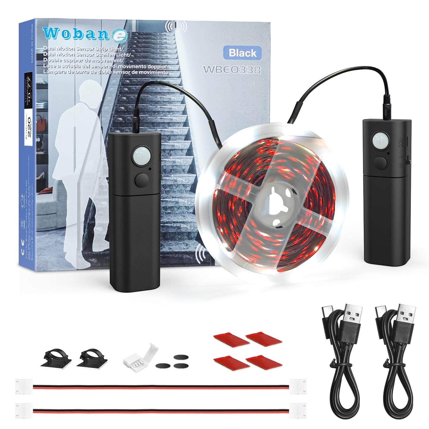 WOBANE LED Light Strip, 16.4ft Rechargeable Dual Motion Sensor, 150 LEDs, Black & White 6000K, Model CL13-6000, Flexible, Cuttable