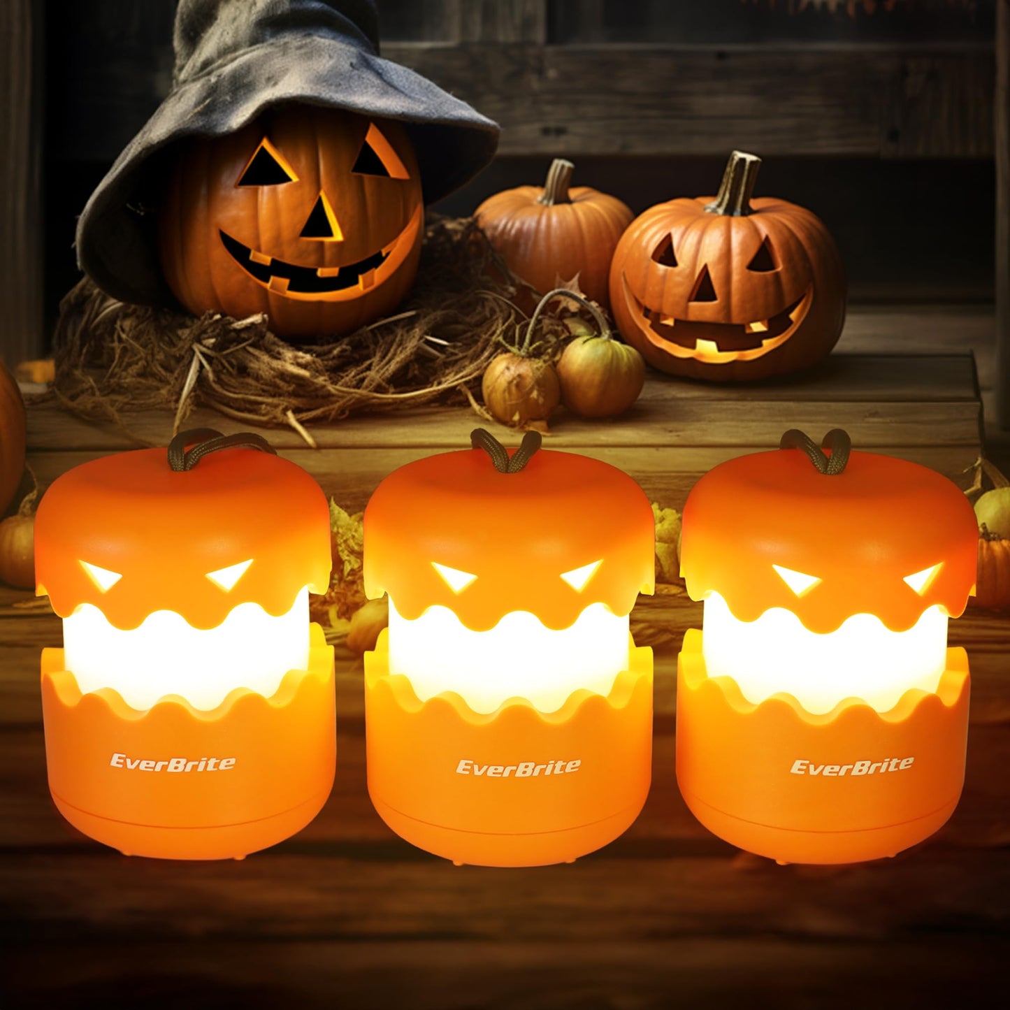 Everbrite 3-Pack Collapsible Halloween Pumpkin Lanterns, Orange Abs Light-Up Jack O Lanterns For Kids, Model E041044A