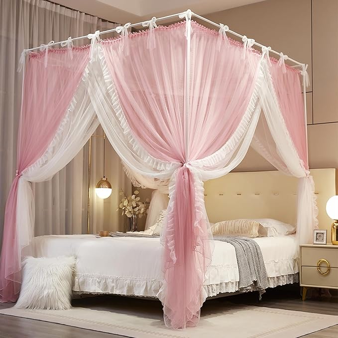 4 Corners Post Princess Curtain Bed Canopy Lace Up Double Layer 4 Opening Mosquito Net Mesh for Girls Bedroom Decoration(Pink/White, 78" W*86" L*82" H/King)