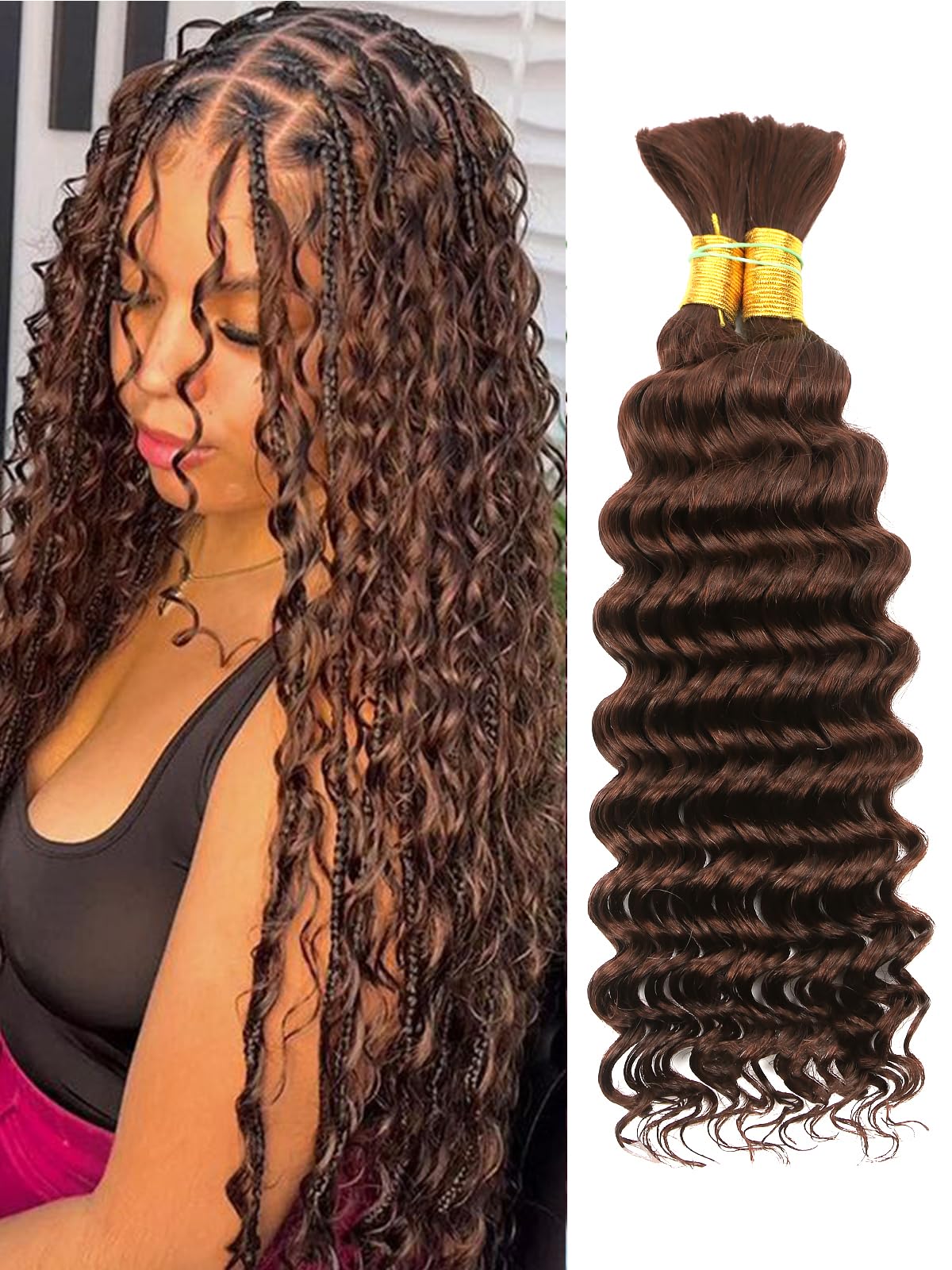Chocolate Brown Human Braiding Hair Deep Wave Bulk, 4# Color No Weft Curly Braiding Hair Extensions for Boho Braids Wet and Wavy