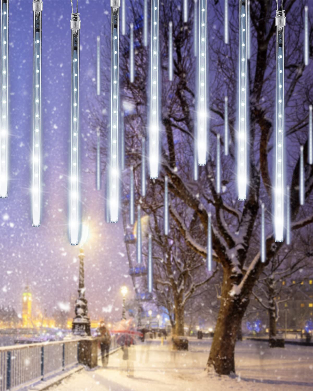 Flacchi 10 Tubes LED Raindrop Lights, Cool White, PVC, Model GP-SW070DC0514T-IP44, Timer Function, Holiday Party Decorations