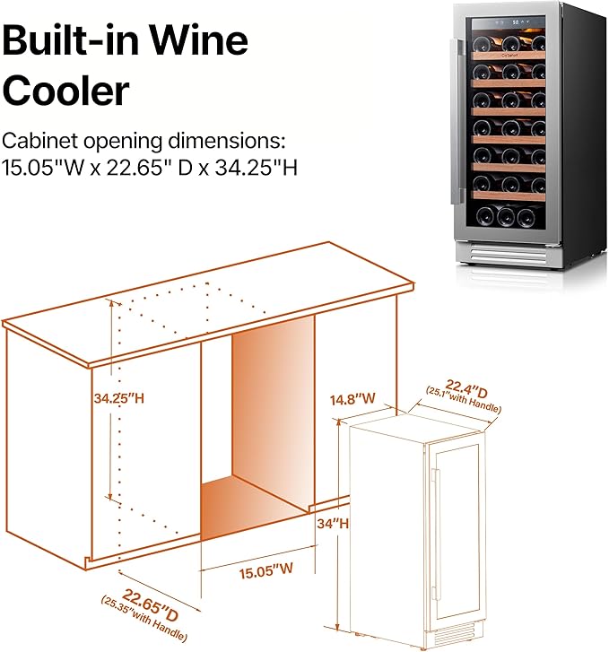 Ca'Lefort 15 Inch Wine Cooler Refrigerator, 33 Bottles Wine Coolers with Glass Door, 3 LED Built-in Compressor Fridge with Adjustable Shelves for Home Office Bar (3.0 cu.ft)