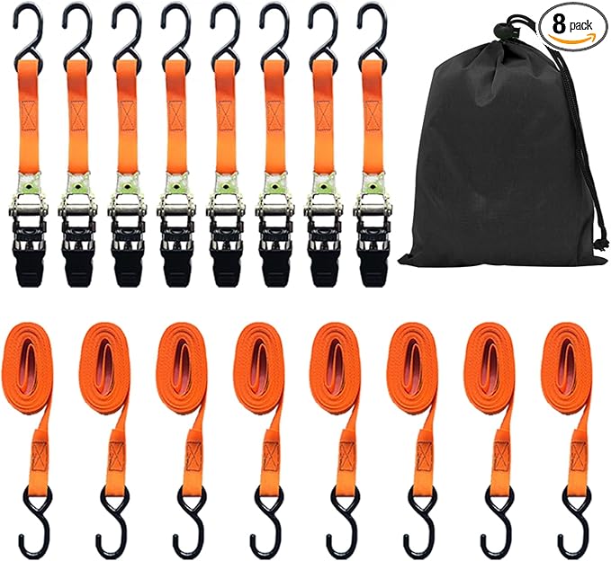 GreenGiggle 8 Pack Ratchet Strap 1 inch 15 Ft - 880 lbs Load Cap with 1760 lbs Breaking Limit, Heavy Duty Tie-Down Straps ...