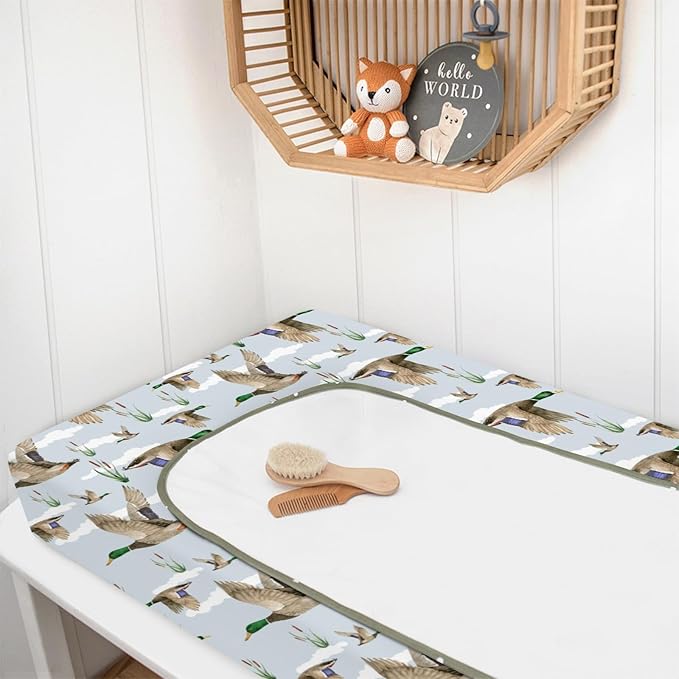 HawSkgFub Duck Hunting Mallard Hunter Changing Pad Cover for Baby Boys, Wild Animal Bird Reeds Blue Diaper Change Table Covers, Soft Stretchy Safe Snug Fitted Changing Mat Sheets Fit 32"/34" x 16"