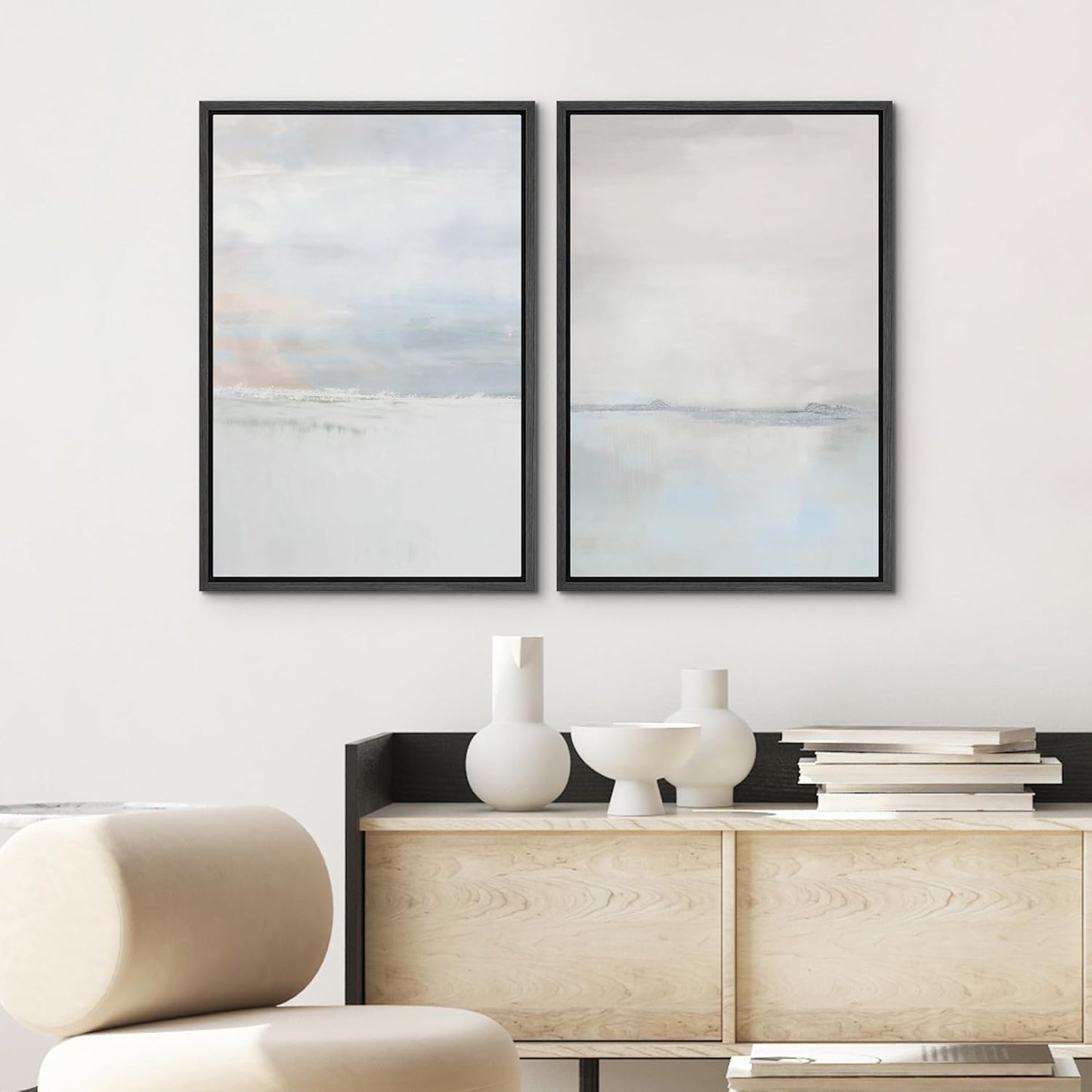 SIGNWIN Framed Canvas Print Wall Art Set Pastel Gray Watercolor Landscape Abstract Shapes Illustrations Minimal Decorative Boho Nordic Relax/Zen for Living Room, Bedroom, Office - 24"x36"x2 Black