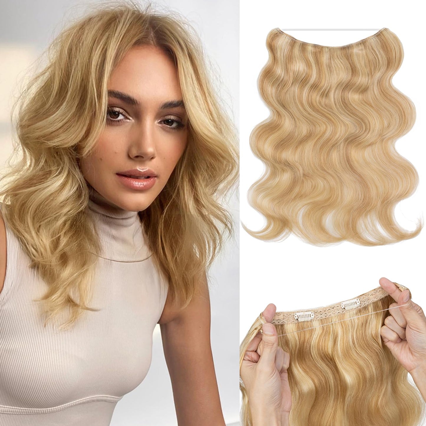 S-noilite Halo Hair Extensions Real Human Hair 12inch Short Wavy Halo Hair Extensions for Women Adjustable WireHair Extensions A