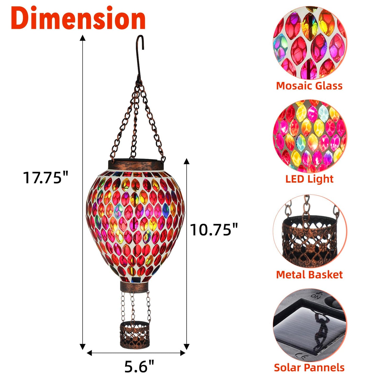 Voreen Hot Air Balloon Solar Lantern  Handmade Mosaic Solar Outdoor Hanging Wind Light  Waterproof  Patio Festive Decor  Gift For Mom Wife Friend  Red
