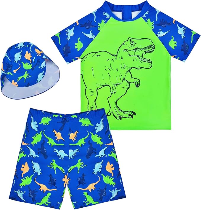 AuSletie Boys Two Pieces Swimsuit Set Short Sleeve Kids Rash Guard Dinosaur Boys Bathing Suit with Sun Cap for 2-6 Years
