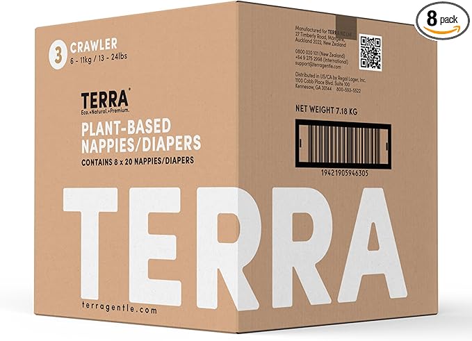 Terra Size 3 Diapers: 85% Plant-Based Diapers, Ultra-Soft & Chemical-Free for Sensitive Skin, Superior Absorbency for Day or Nighttime Diapers, Designed for Babies 13-24 Pounds, 160 Count