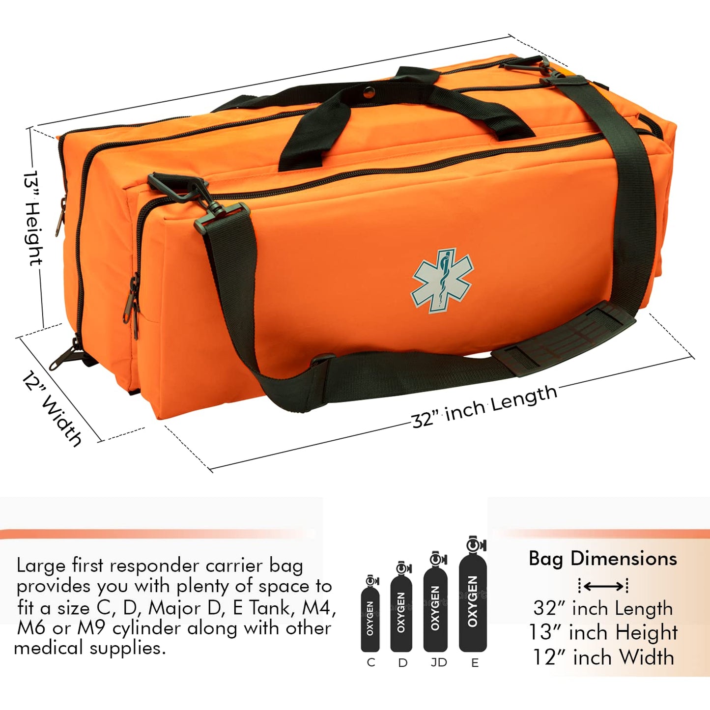 NOVAMEDIC First Responder Empty Oxygen O2 Duffle Bag, 32”x12”x13”, w/Multiple Compartments, EMT Trauma First Aid Carrier for Paramedics and Emergency Medical Supplies, Orange
