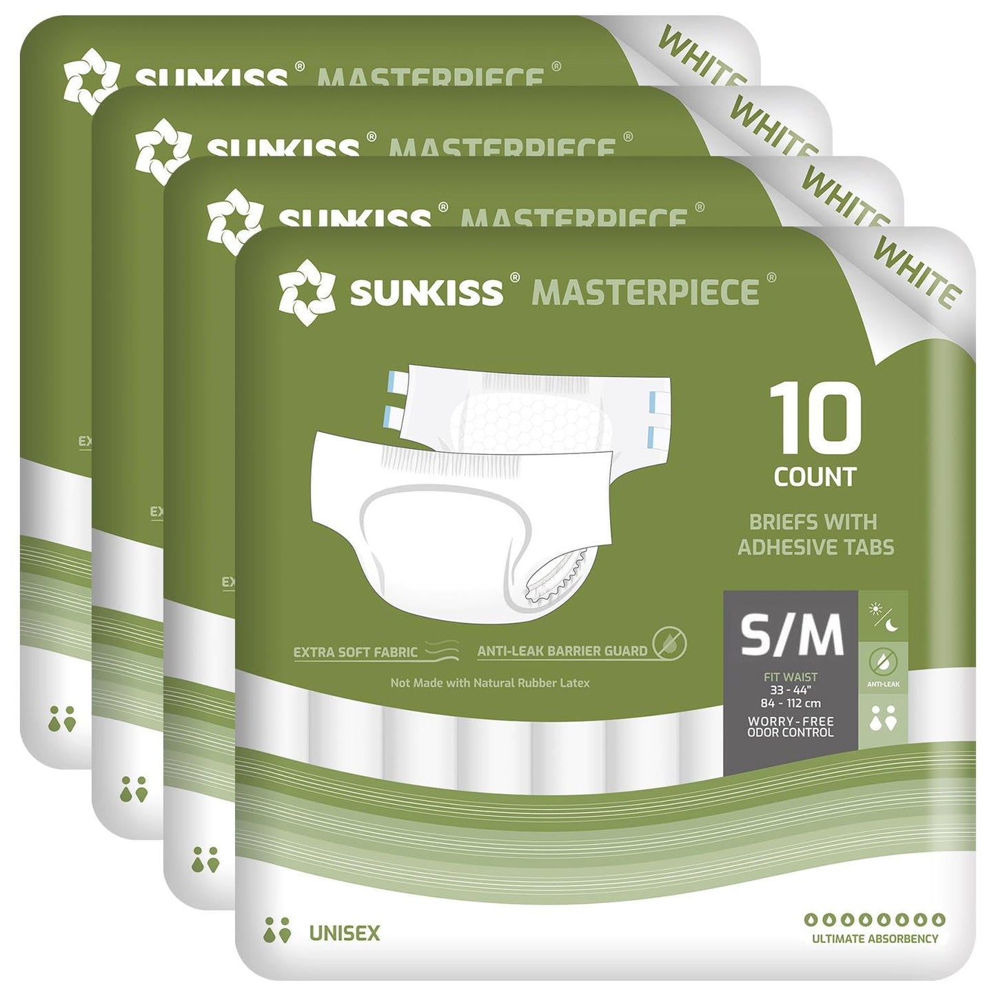 SUNKISS Masterpiece Adult Diapers with Tabs, Unisex Disposable Incontinence Briefs for Women and Men, Odor Control, White, Small/Medium, Previously M, 40 Count (4 Packs of 10)