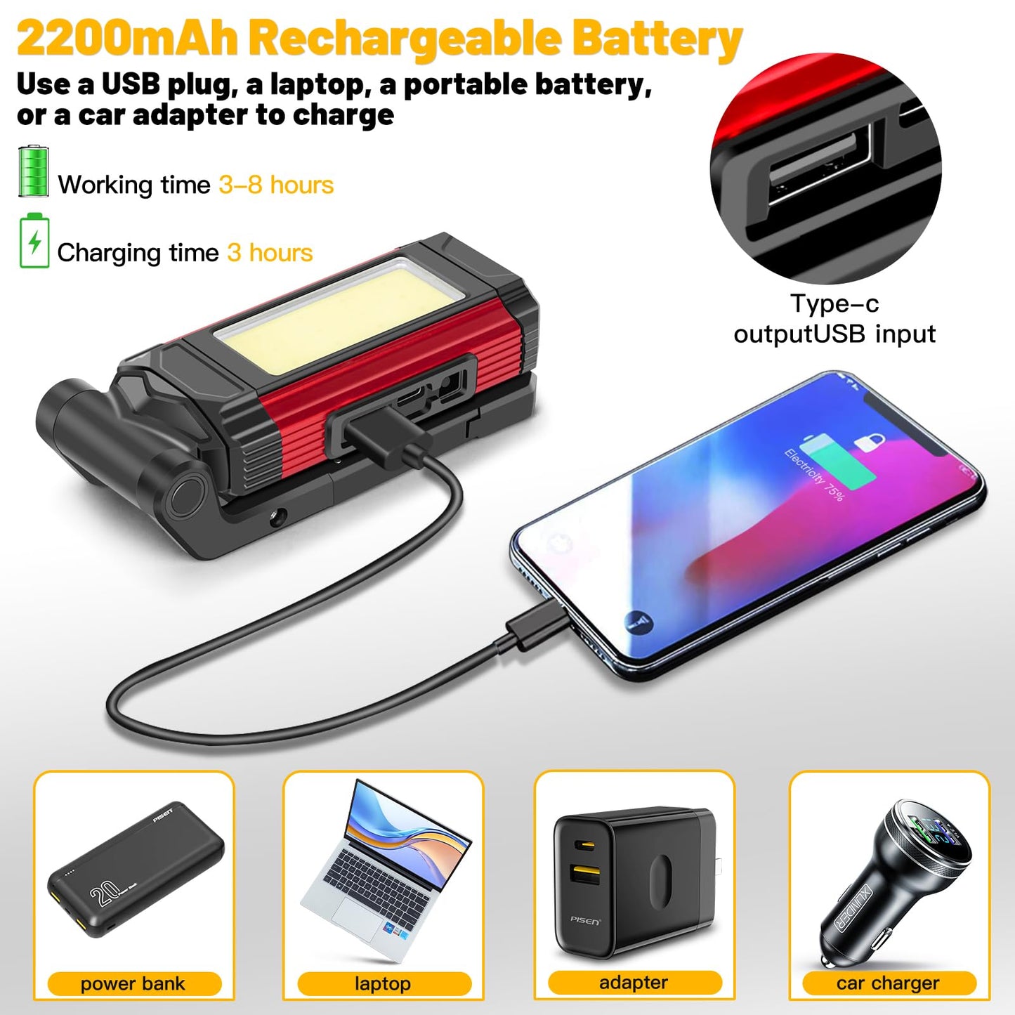 YiaMia Rechargeable LED Magnetic Work Light 2 Pack, Portable Tool Gifts for Men, 7 Flashlight Modes with Kickstand and Carabiner, USB Charging for Camping, Hunting, and Car Repairs (2, Red)