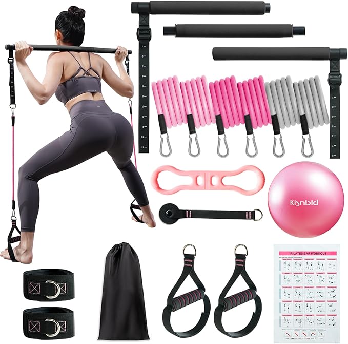 kisnbld Pilates Bar Kit with Resistance Bands, Multifunctional Pilates Bar with 3 Set Exercise Resistance Bands, Portable ...
