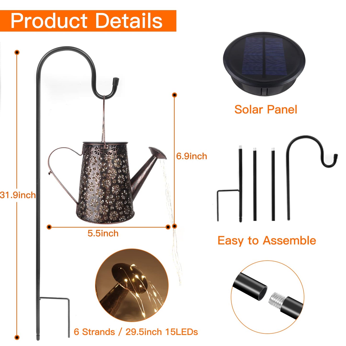 Afootry Solar Watering Can - Waterproof Hanging Lantern For Garden Decor, Metal, Solar Powered, Ideal For Yard And Patio Decorations