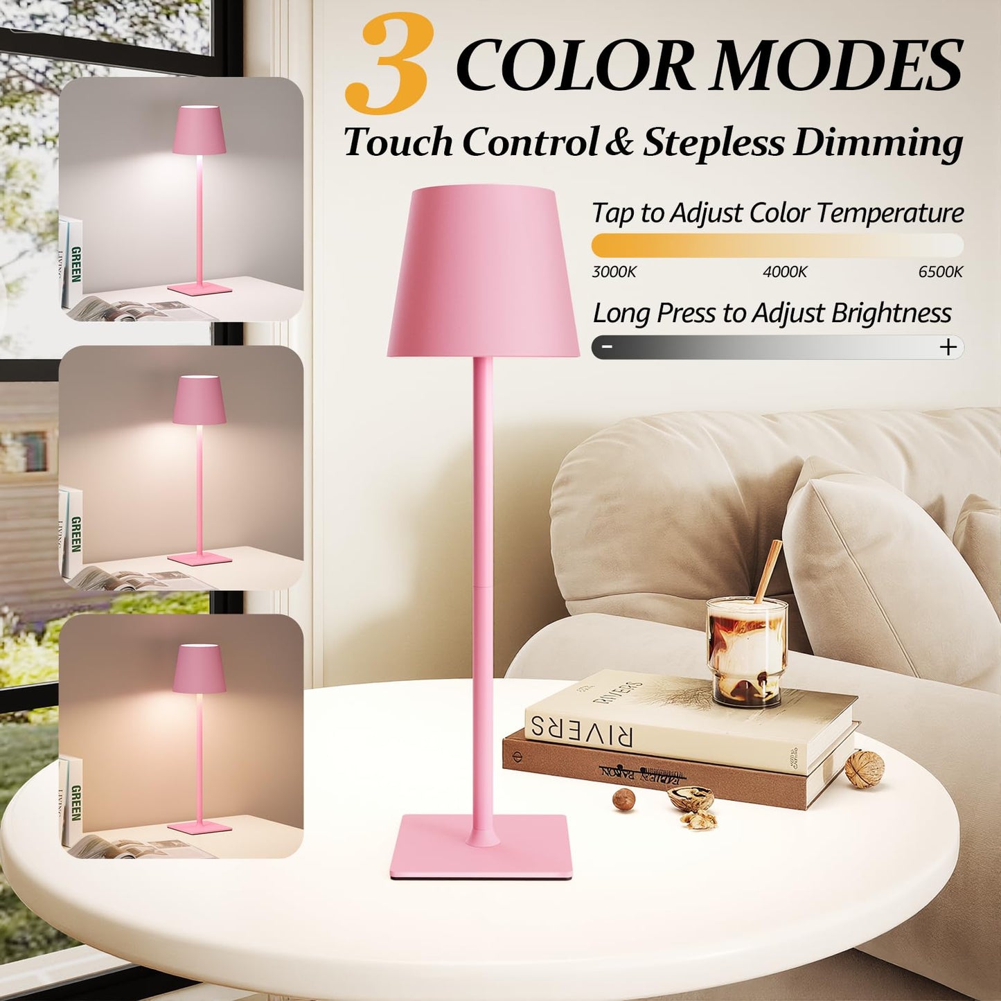 CHLORANTHUS Cordless Table Lamps, Stepless Dimming, 5000mAh Battery, Pink 2 Pack, Model: table-lamp -15
