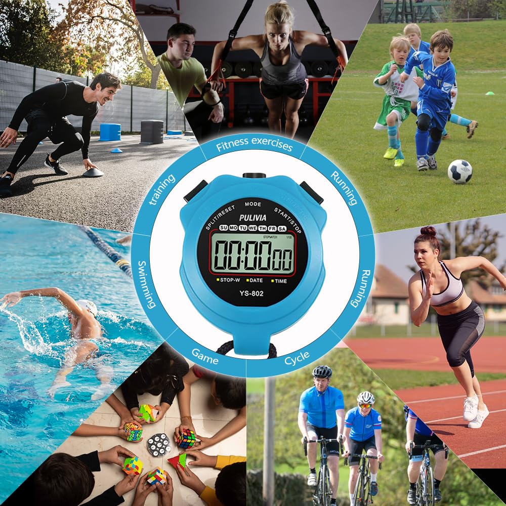 PULIVIA Sports Stopwatch Timer, Single Lap Split Digital Stop Watch for Sports Kids Coaches Swimming Running, Blue