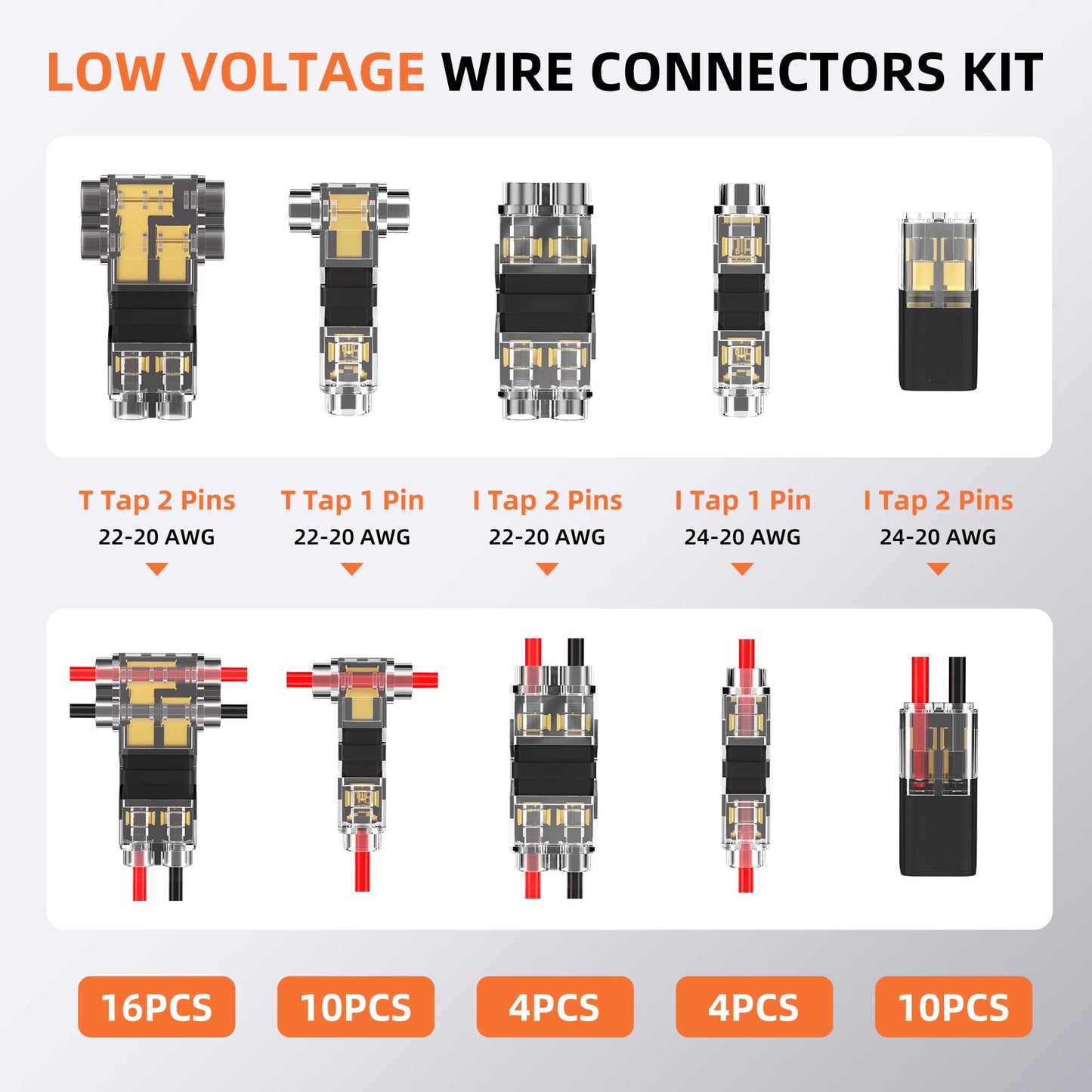 RVBOATPAT 44 PCS Low Voltage Wire Connectors Kit, T Tap & I Tap, 24-20AWG, Black, Model 1+2-44PCS