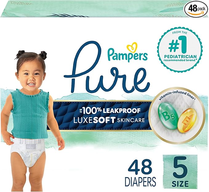 Pampers Pure Protection Baby Diapers, Size 5 (27+ lbs), 48 Count, Up to 100% Leakproof, Premium Plant-based Skin Protection, Hypoallergenic Soft Diapers