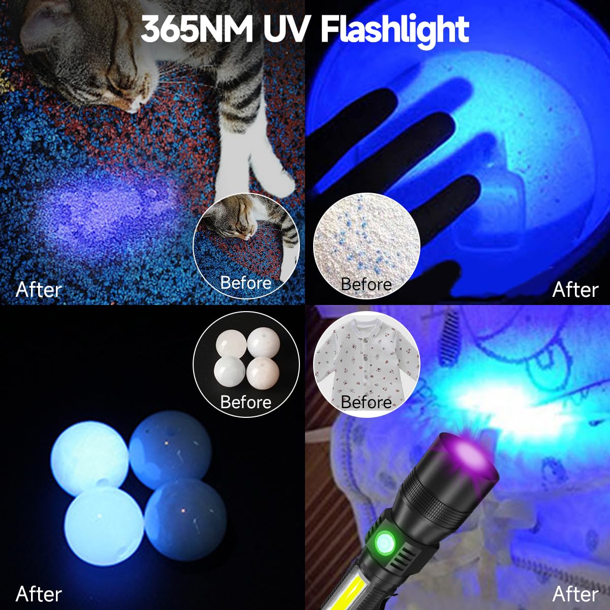 AdamStar Black Light Flashlight, 3-in-1 Rechargeable, 7 Modes, Waterproof, Aluminum, Black + Red, Model 016