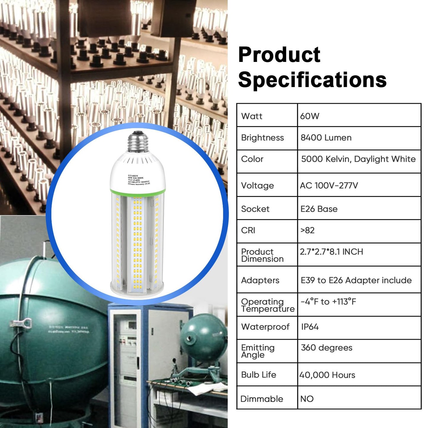 Gtaren 60W Led Corn Cob Bulb 600W Equivalent 5000K Daylight E26/E39 Base  8400 Lumens - Replace Cfl/Metal Halide/Hps For Warehouse Workshop Gym Yard Basement Lighting