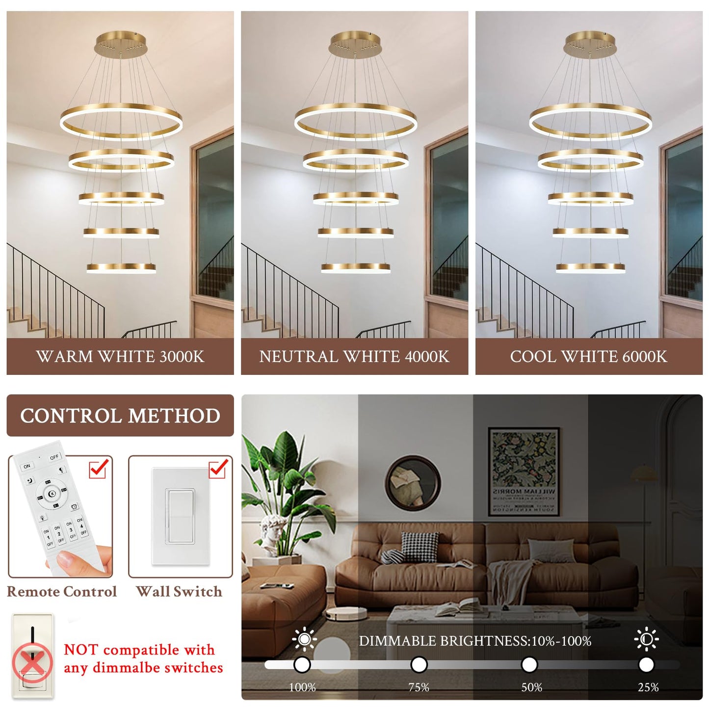 Sparklelf Modern LED Chandelier - Dimmable Gold 5-Rings 23.6in, Remote Control, 3000K-6500K, for Foyer, Dining Room,
