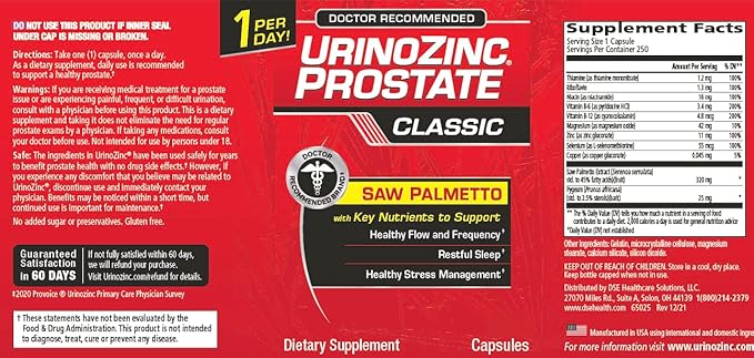 Urinozinc Classic Prostate Supplement for Men, 1 Capsule per Day, Saw Palmetto & B Vitamins (Over 8 Month Supply, 250 Count)