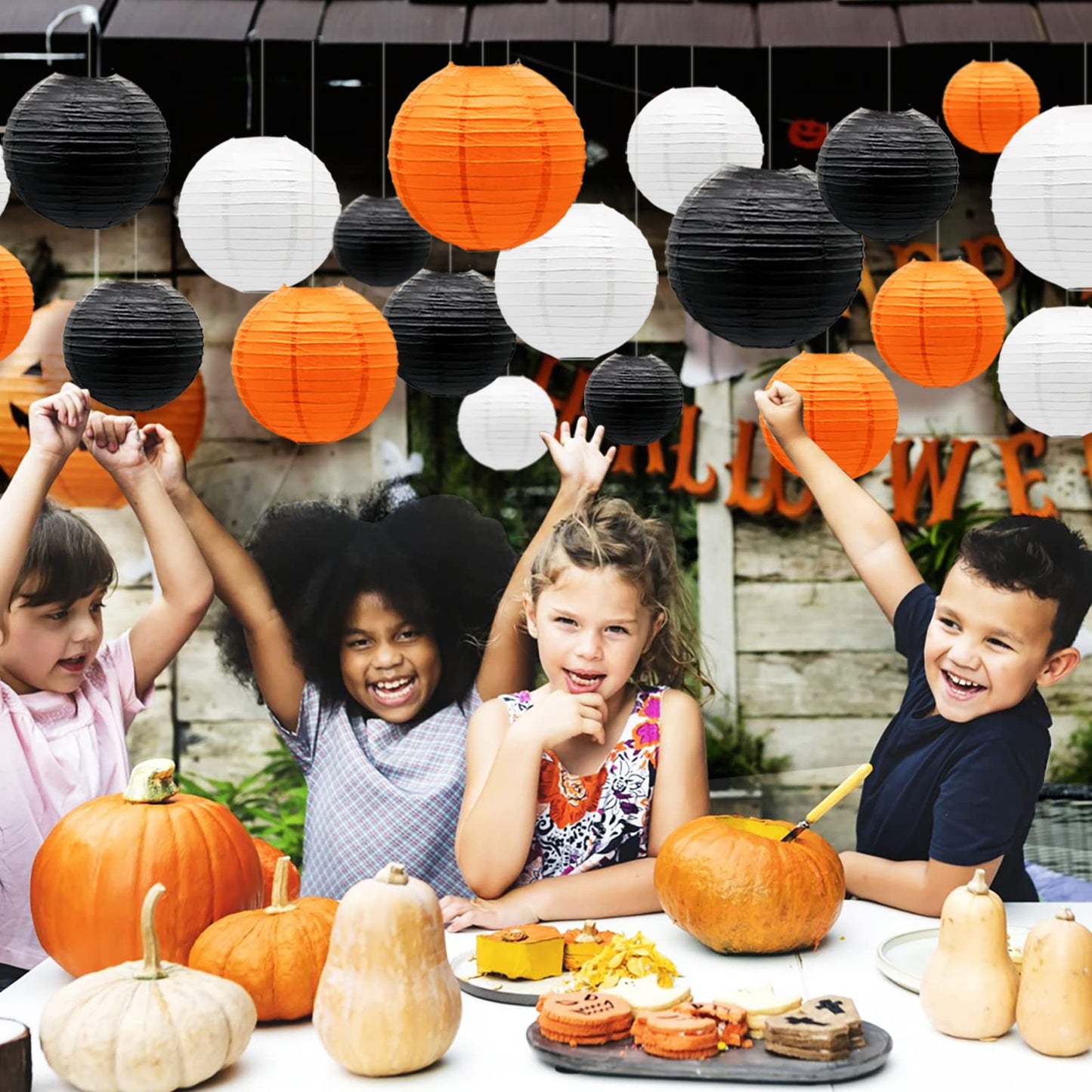 ADLKGG Paper Lanterns 21pcs, Round Hanging Decorations for Graduation, Halloween, Thanksgiving, Birthday, Orange Black White