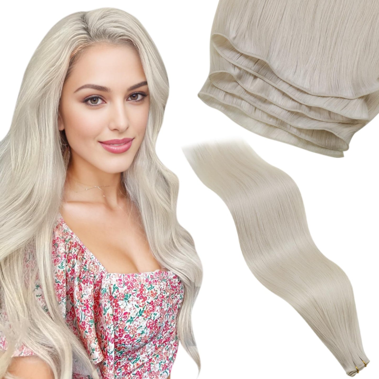 LaaVoo Hand Tied Weft Hiar Extensions Human Hair Blonde Sew in Hair Extensions Real Human Hair Platinum Blonde Genius Weft Exten