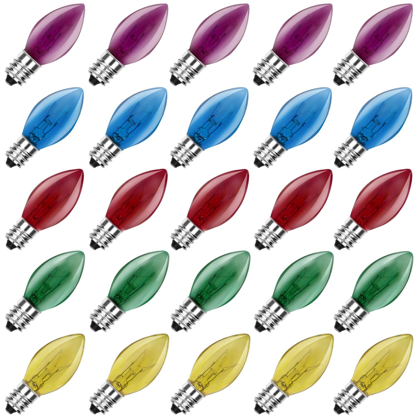 SUNSGNE C7 Multicolor Christmas Replacement Bulbs, 5 Watt, E12 Base, 25 Pack, Transparent Multicolor Glass