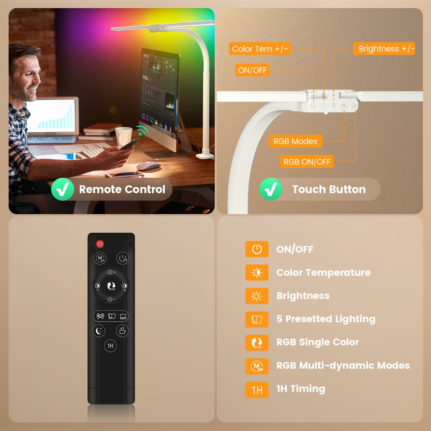 SIBRILLE LED Desk Lamp, Dimmable Dual Head, RGB, Rotatable, Remote Control, 22W, White, Model HL10
