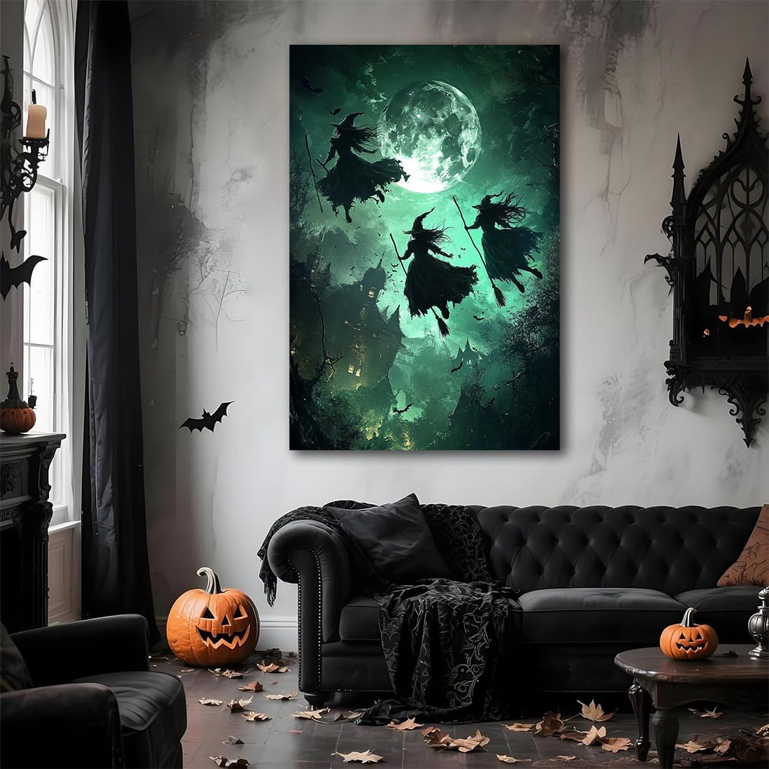 Flying Three Witches Halloween Canvas Wall Painting,Witches on Broom Under Full Moon Castle Victorian Decoration Haunted House Retro Poster for Living Room Bedroom Gallery,16"x24" Unframed