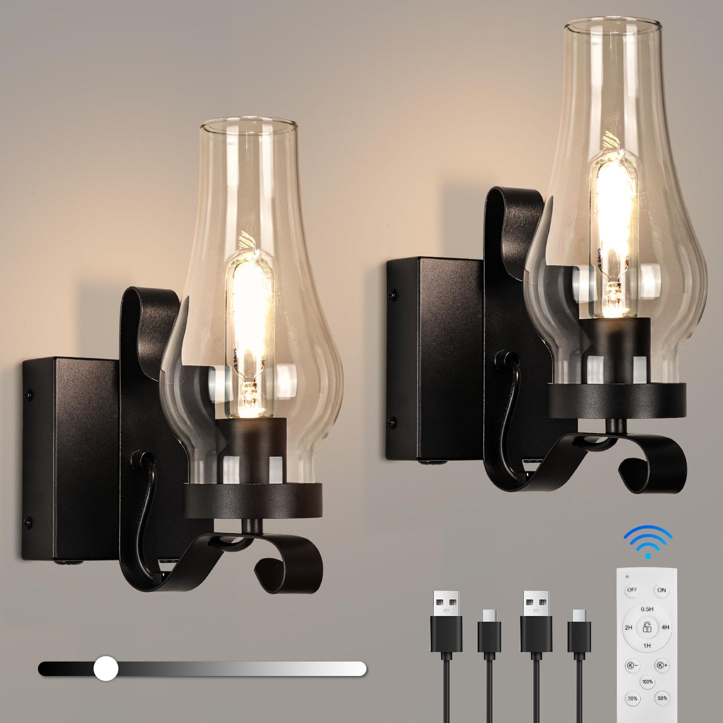 EIDEARAY Battery Operated Wall Sconces, Rustic Antique Kerosene Lamps, 2-Pack, Metal, Black, Model WL-CTGD-D2