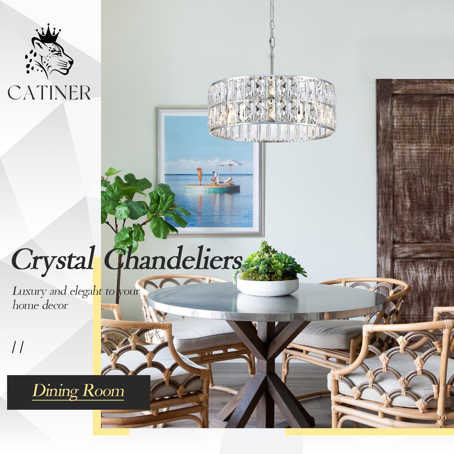 Catiner Modern Crystal Chandelier 18 Chrome Semi Flush Mount Ceiling Light Fixtures 6-Lights Drum Crystal Pendant Lighting For Dining Room Foyer Bedroom Living Room
