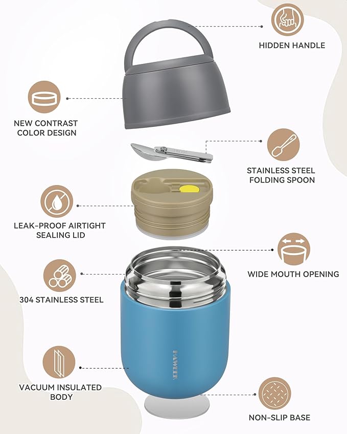 17oz Soup Thermo for Hot Food Adults Insulated Food Jar Thermo Hot Food Lunch Container Wide Mouth Stainless Steel Lunch Box for Kids with Folding Spoon Cleaning Brush Gray Blue
