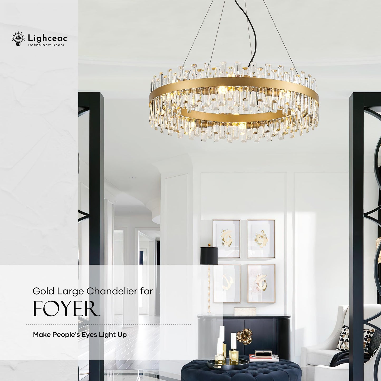 Lighceac 31.9 Gold Modern Crystal Chandelier Light Fixtures stylish 2 Rings Crystal Chandeliers For Dining Room 16-Light Round Hanging Pendant Lighting For Living Room Kitchen Island Entryway Bedroom