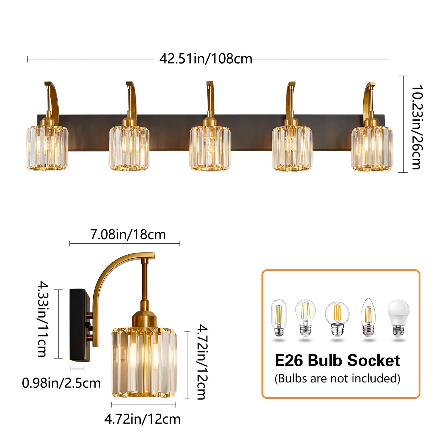 Fdpby 5-Light Crystal Vanity Light  Modern Black Gold Bathroom Wall Sconce With K9 Crystal Shades  42.51 Long Over Mirror Lighting For Vanity  Makeup  Hallway  Elegant & Easy Installation