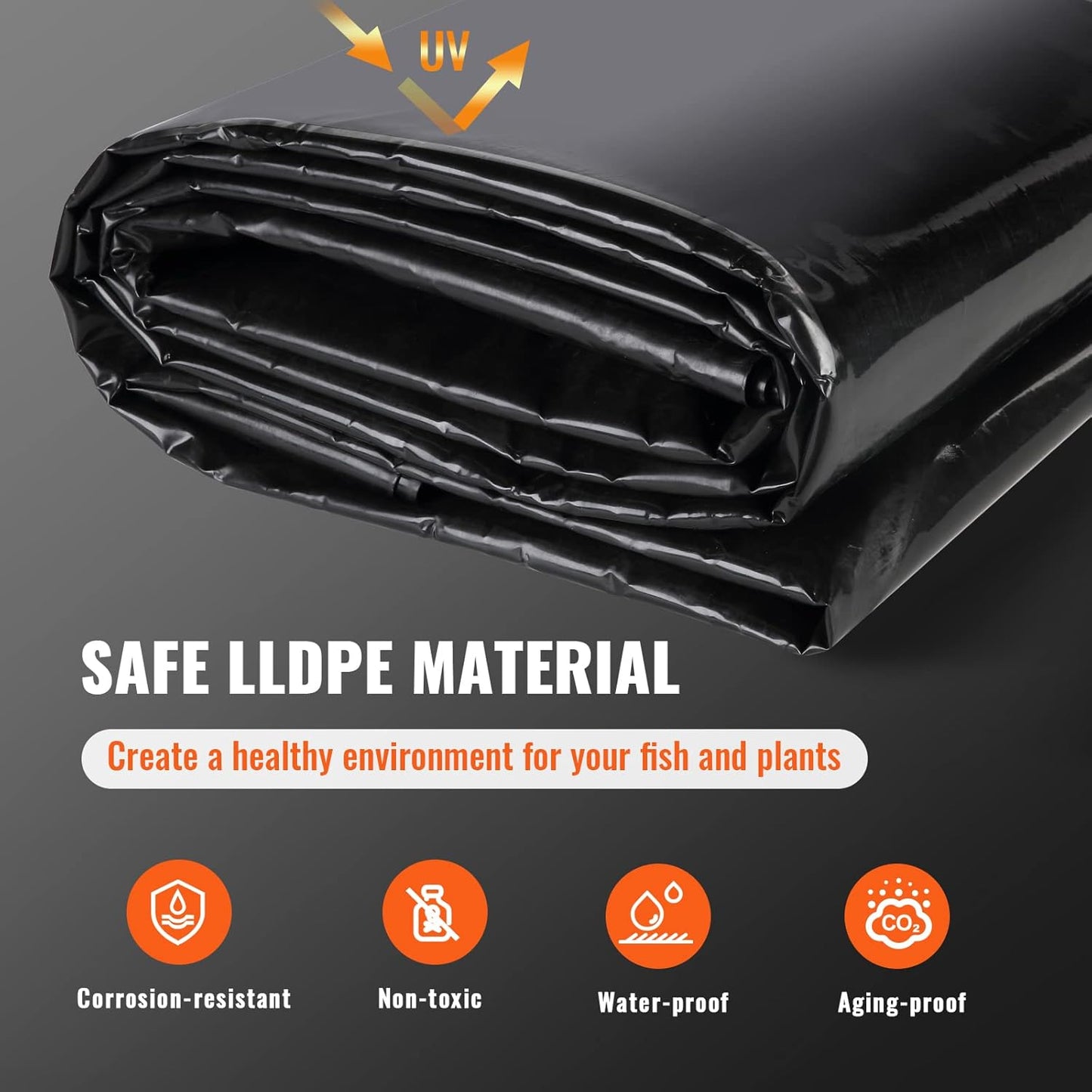 VEVOR 10 x 13 ft Pond Liner, 20 Mil Thickness, Pliable & Durable LLDPE Material, Easy Cutting Underlayment for Fish or Koi,Waterfall, Fountains, Water Gardens, Black