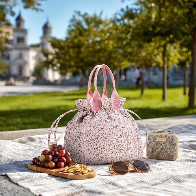 Yarnic Lunch Bag Women Insulated Lunch Bags,Cute Floral Reusable Lunch Box Stain-Resistant Lunchbox with Water Bottle Holder for Adult (Pink Flower)