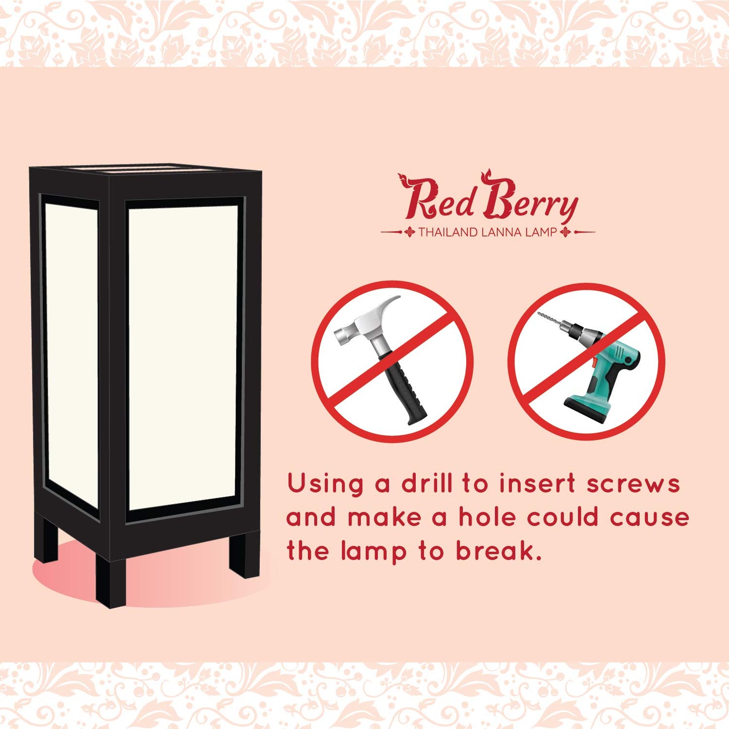Red Berry Thailand Lanna Lamp - Japanese Bedside Lamp, Asian Decorative Table Lamp, Red Paper Design, Perfect For Nightstands