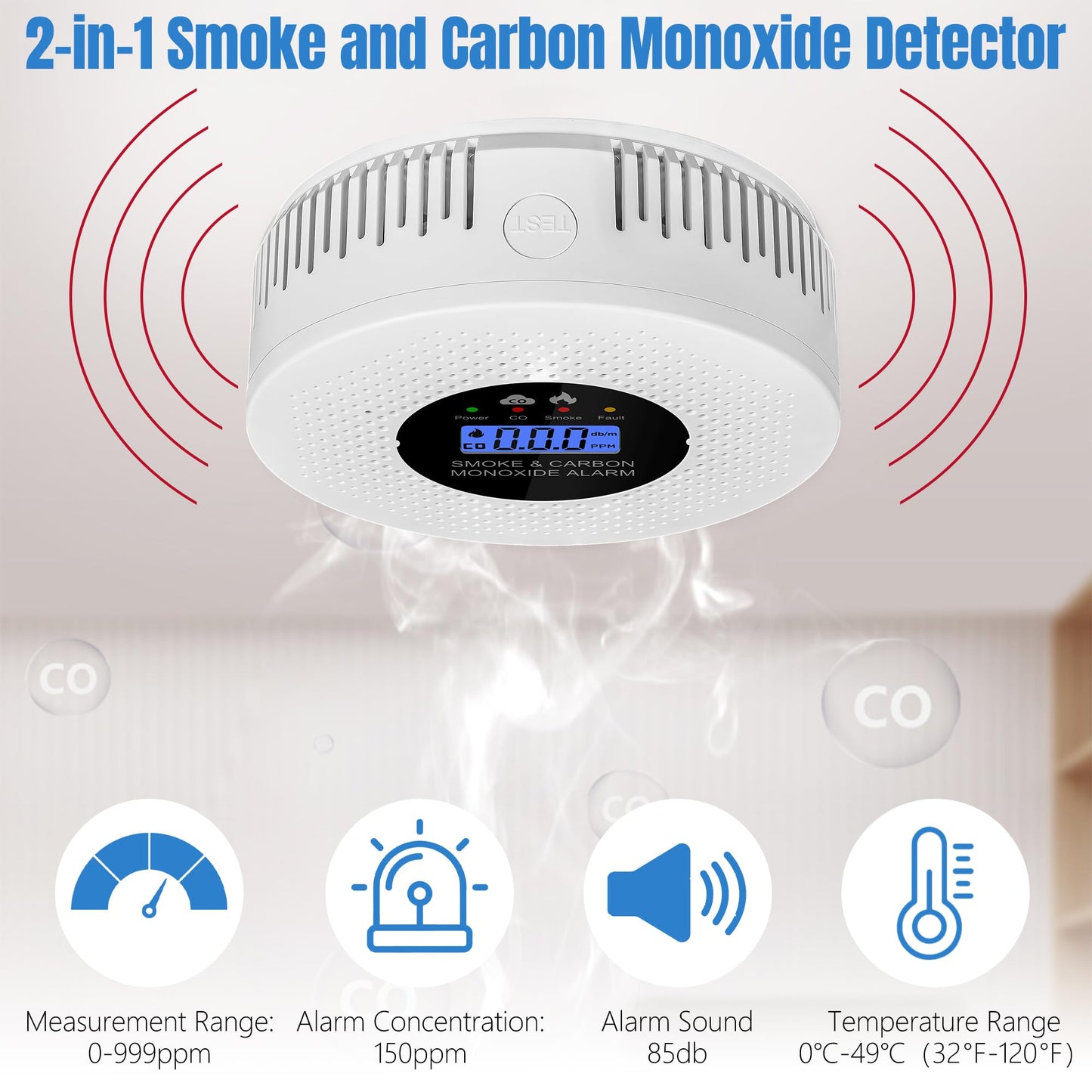 GQIRIL Smoke and Carbon Monoxide Detector - 2-in-1 Fire CO Smoke Alarm Detector Combo Battery Powered, Portable Dual Sensor Warning Light with Digital Display for Cars Kitchen Home Garage (No Battery)
