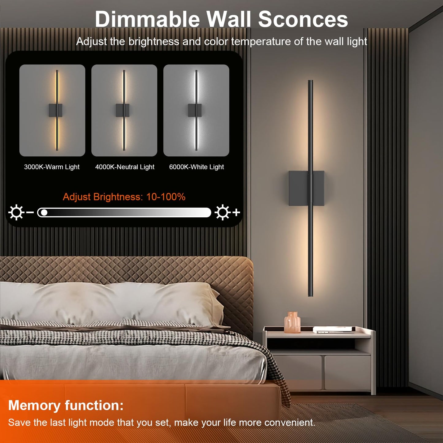 Tartek Battery Operated Wall Sconces Set of Two, Dimmable 3000K-6000K, 32 Inch, Black, Model SE-WS-PB01S