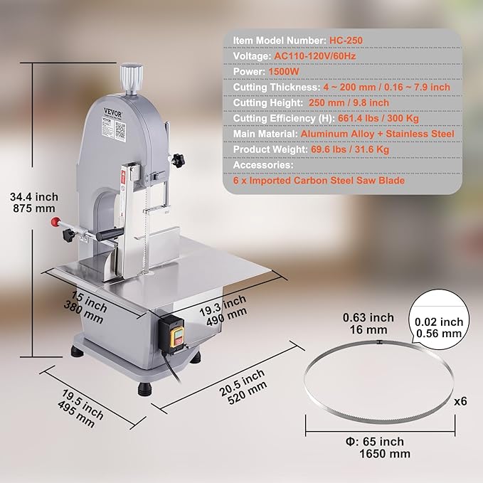 Commercial Electric Meat Bandsaw, 1500W Stainless Steel Countertop Bone Sawing Machine, Workbeach 19.3" x 15", 0.16-7.9 Inch Cutting Thickness, Frozen Meat Cutter with 6 Blades for Rib Pork Beef