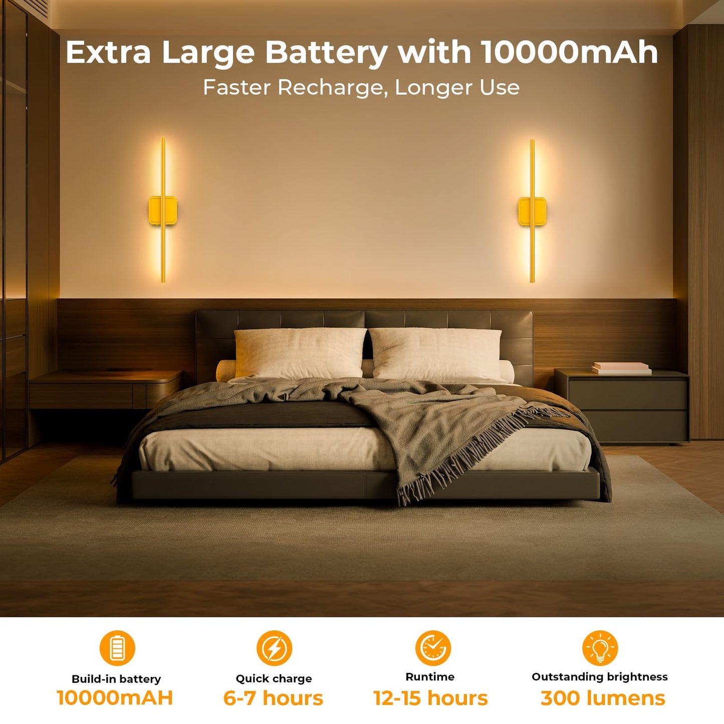 GvvooHome Battery Operated Wall Sconces Set of 2, 360° Rotate, Dimmable, Rechargeable, 28in Gold, Model HCP042