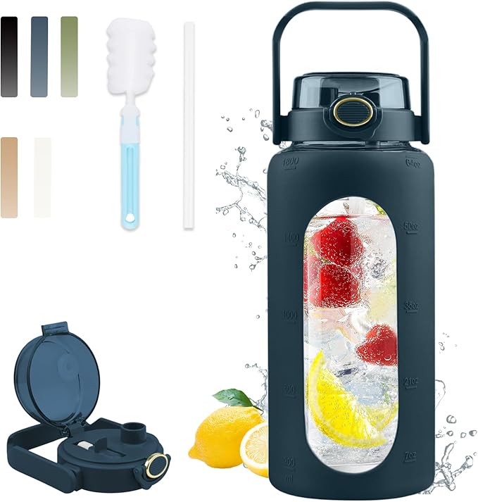 64 Oz Glass Water Bottle with Straw and Lid, Sports Motivational Water Bottle, Leakproof Water Jug Fitness with Silicone Sleeve for Gym, Blue