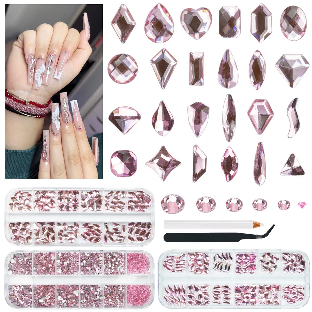 qiipii 3 Boxes Light Pink Nail Rhinestones 240 Multi-Shapes Flatback Big Gems Round Beads K9 Glass Stones Diamonds Jewels Nail A