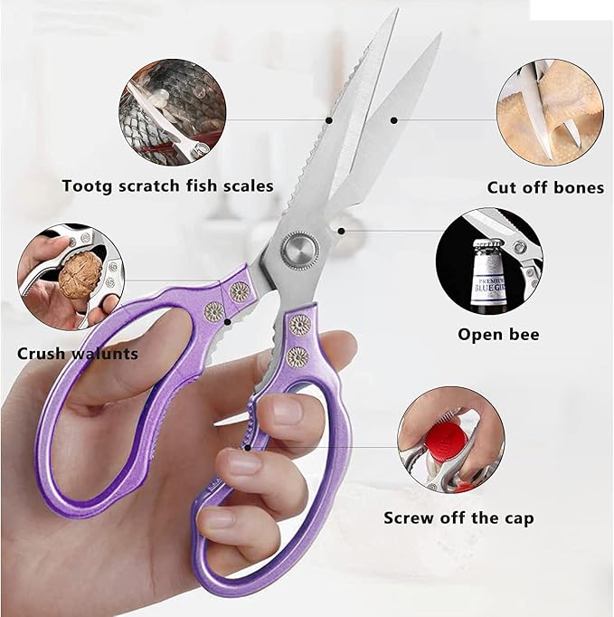 Kitchen Scissors, Heavy Duty Sharp Kitchen Shears Dishwasher Safe, Kitchen Accessories Cooking Shears for Kitchen Meat Chicken Fish Poultry Herb Bread (Purple)