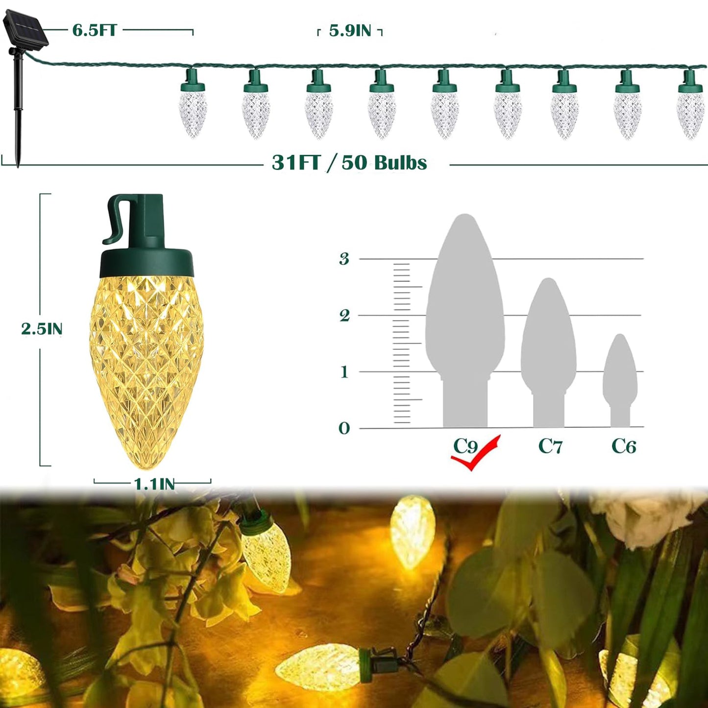 L Lampop C9 Solar Powered Led Christmas String Lights 50 Led Waterproof Strawberry Light With 8 Mode Green Wire Lighting For Outside Patio Wedding Party Decor