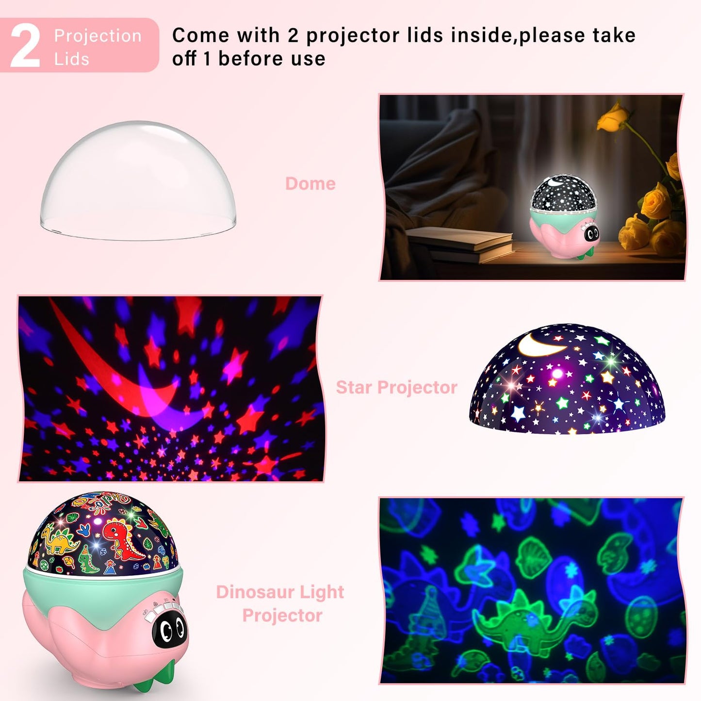 MOKOQI Dinosaur Night Light Projector, Remote Control, 10 Soothing Music, High Brightness, Pink2-Dino, Model 012-2309